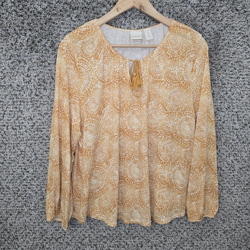 Chicos Top Womens 2 US‎ Large Yellow Tassel Neck Tie Long Sleeve Casual Ladies